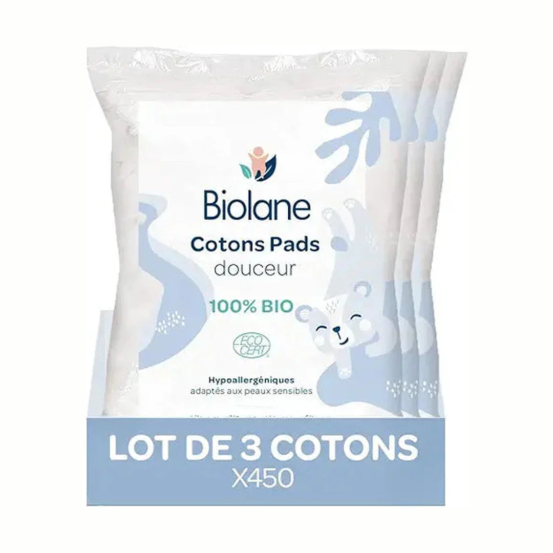 BIOLANE - Set of 3 soft cotton pads - Baby - 100% organic - 150 cotton pads - Sensitive skin - Changing & Grooming - From birth - Made in France