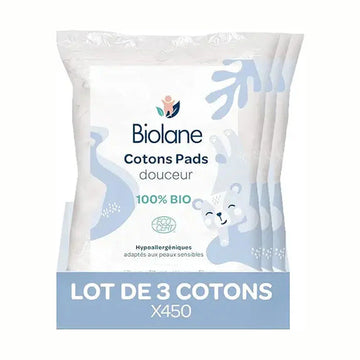 BIOLANE - Set of 3 soft cotton pads - Baby - 100% organic - 150 cotton pads - Sensitive skin - Changing & Grooming - From birth - Made in France