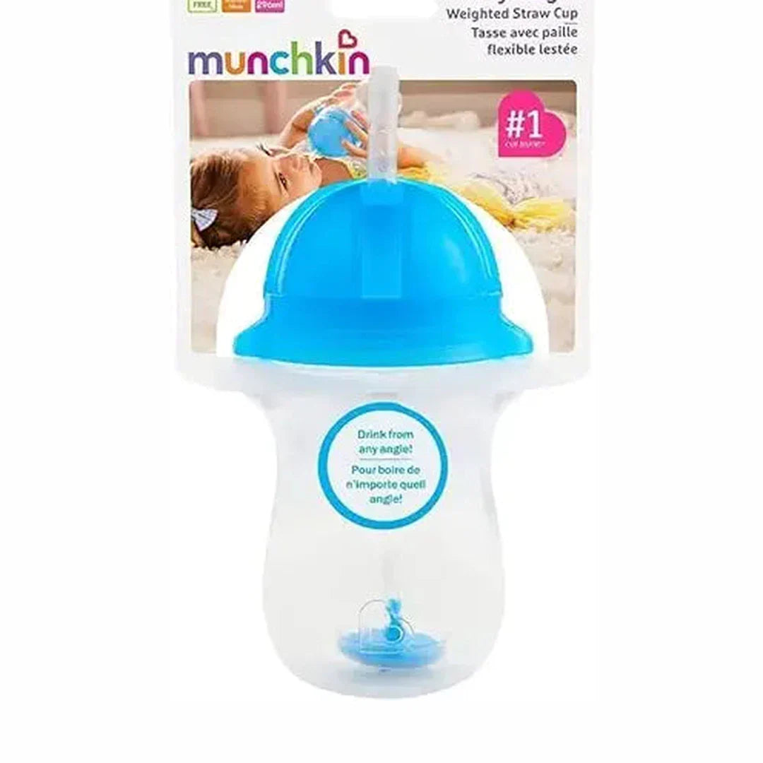 Munchkin Any Angle Click Lock Weighted Straw Trainer Cup, spill proof cup with handles, for infant/baby boys and girls, 7oz Capacity, 6 Months and above, Blue