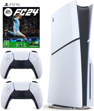 PlayStation 5 With Blu-Ray Disc Console (SLIM) - FC24 and Two White Controllers Bundle