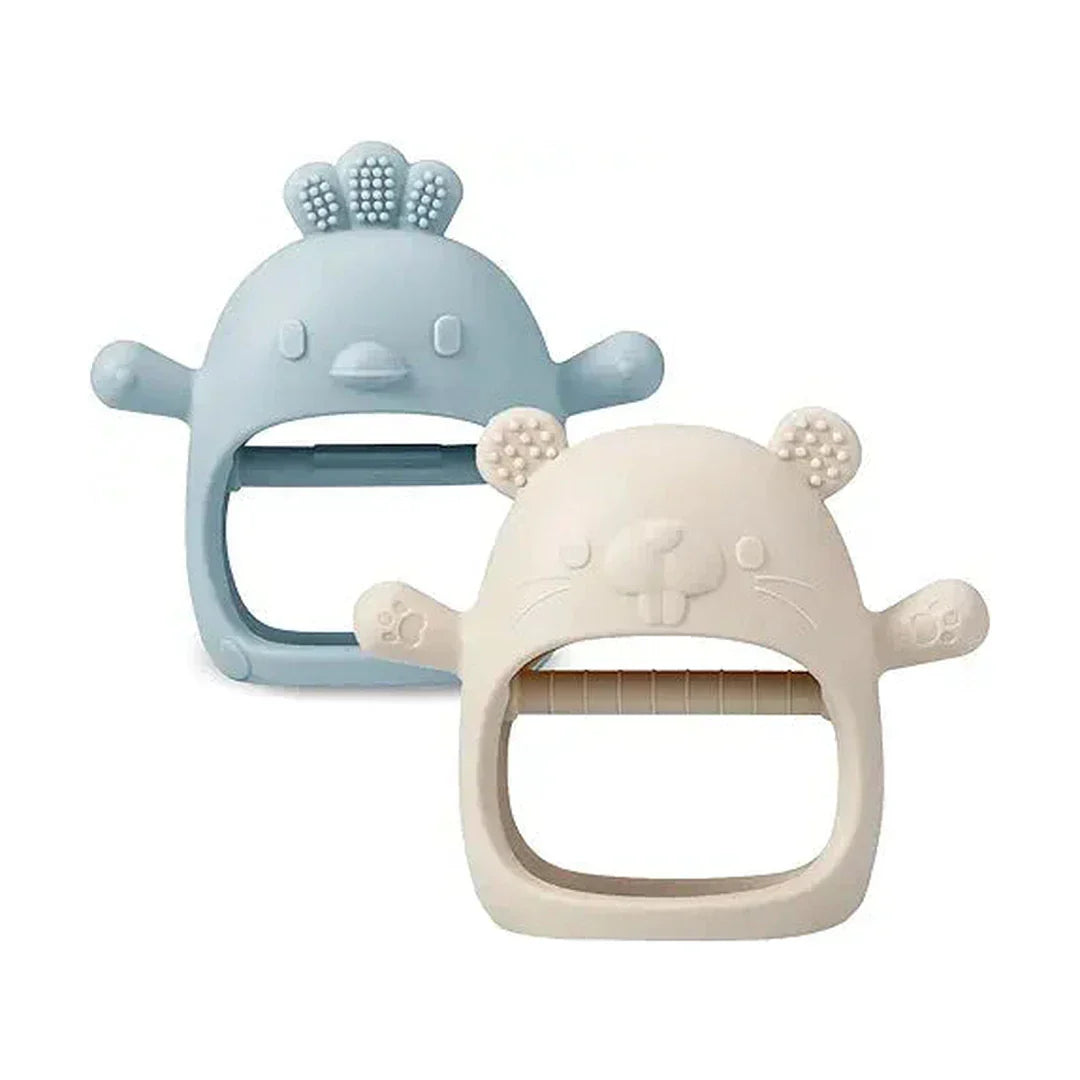 PandaEar 2 Pack Silicone Teething Toys | Baby Teether Mitten & Hand Pacifier for Soothing Teething Pain Relief (White/Blue)