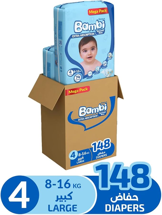Sanita Bambi Baby Diapers Mega Pack Size 4, Large, 8-16 KG, 148 Count (Package May Vary)