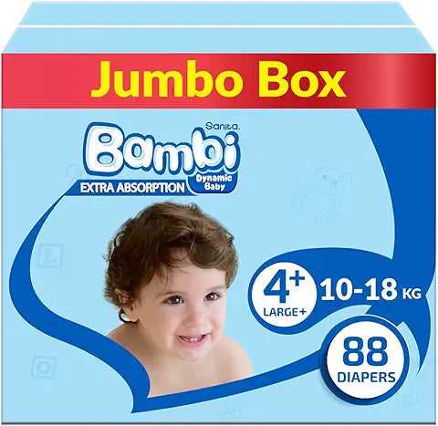 Sanita Bambi, Size 4+, Large+, 10-18 Kg, Jumbo Box, 88 Diapers