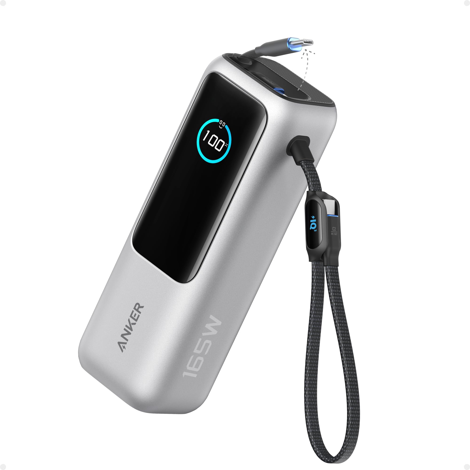 Anker Laptop Power Bank,25,000mAh Portable Charger with 165W Total Output,3 USB-C Ports (100W Max Each),Built-in Retractable Cables,Flight-Ready,for iPhone 17/16 Series,MacBook,Samsung,and More