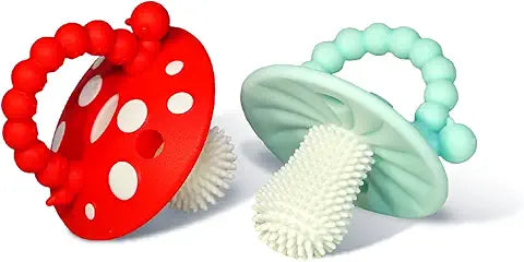 RaZbaby Chompy Teether for Infant & Baby 3M+ Teether Toy with Massaging Bristles for Teething Relief Pacifier - Soothes Sore Gums - Hands-Free & Easy-to-Hold Teether, BPA Free - RED/Blue