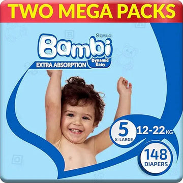 Sanita Bambi Baby Diapers Mega Pack Size 5, X-Large, 12-22 KG, 148 Count
