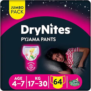 Huggies, DryNites Bedwetting Pyjama Pants for Girls, Pullup Diaper Pants Age 4-7 (17-30 kg), Jumbo Pack of 16 Premium Night Pants, Maximum Absorbency, Fairies Characters Design