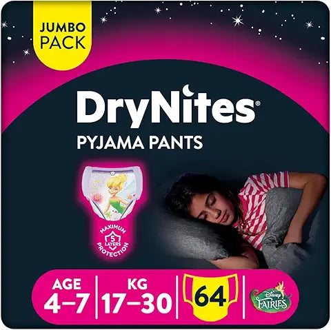 Huggies, DryNites Bedwetting Pyjama Pants for Girls, Pullup Diaper Pants Age 4-7 (17-30 kg), Jumbo Pack of 16 Premium Night Pants, Maximum Absorbency, Fairies Characters Design