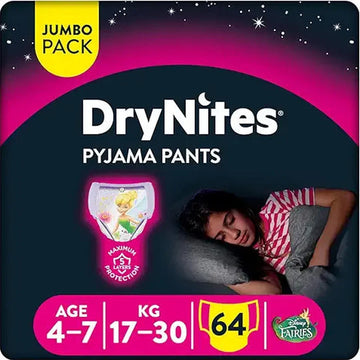 Huggies, DryNites Bedwetting Pyjama Pants for Girls, Pullup Diaper Pants Age 4-7 (17-30 kg)