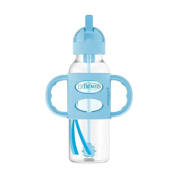 Dr. Brown's Milestones Narrow Sippy Straw Bottle, Spill-Proof with 100% Silicone Handles and Weighted Straw, 8 oz/250 mL, Blue, 6m+