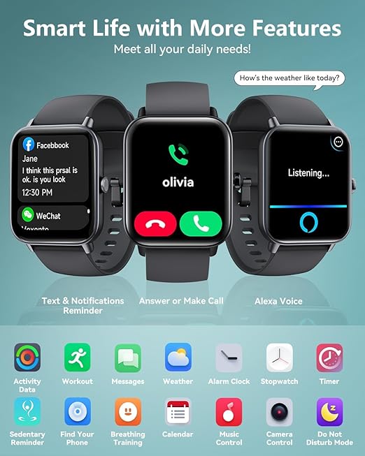 Smartwatch for Men and Women, Alexa Built-in, 4.5 cm Fitness Tracker, IP68 Waterproof Smartwatch for Android and iPhone with Bluetooth Call (Answer/Make),