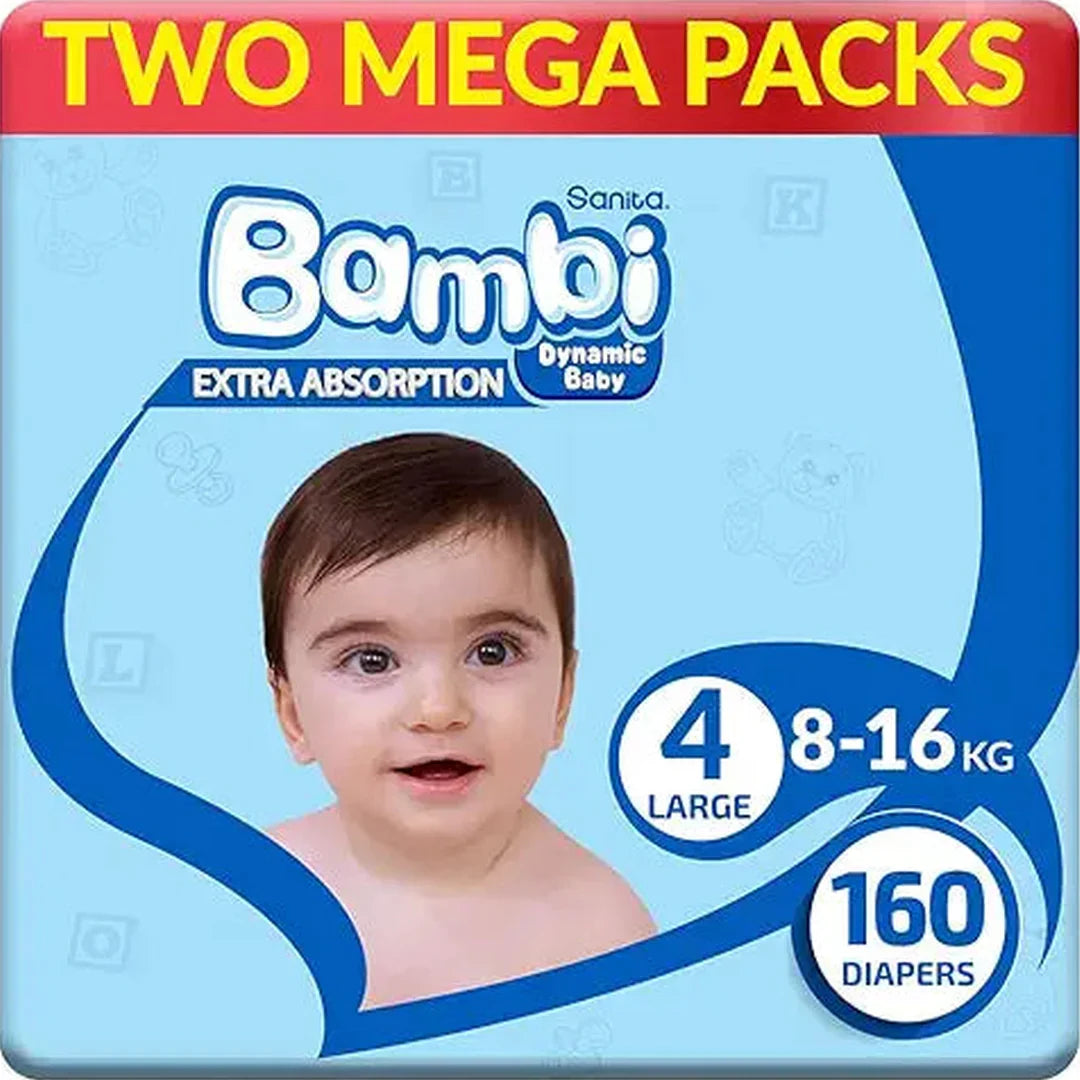 Sanita Bambi Baby Diapers Mega Pack Size 4, Large, 8-16 KG, 160 Count