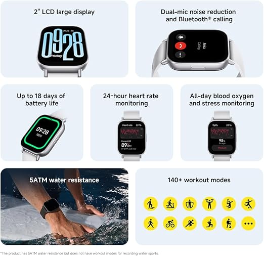 Redmi Watch 5 Active Smartwatch, 2.0 Inch LCD Display, 18 Day Battery, 140+ Sports Modes, Heart Rate and SPO₂ Tracking, 5ATM Waterproof, Bluetooth Calls, Fitness Tracker, Sleep Monitor -Assorted Color