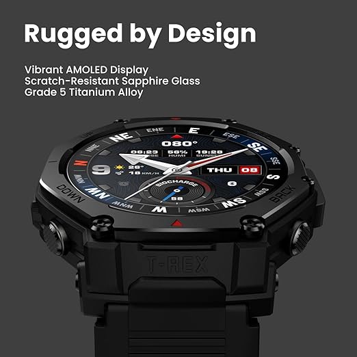 Amazfit T-Rex 3 Pro Outdoor Smart Watch 48mm Sapphire AMOLED Display, Ti Bezel, Dual Band GPS, Offline Maps, 25 Days Battery, Built-in Flashlight, 10 ATM, 180+ Sports Mode for Android & iPhone, Black