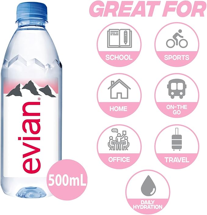 Evian Mineral Water, Naturally Filtered Drinking Water, Bottled Water Crafted By Nature, 500 ml - Pack of 24