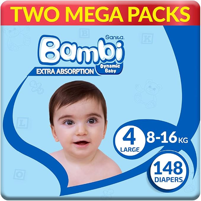 Sanita Bambi Baby Diapers Mega Pack Size 4, Large, 8-16 KG, 148 Count (Package May Vary)