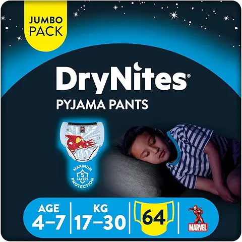 Huggies, DryNites Bedwetting Pyjama Pants for Boys, Pullup Diaper Pants Age 4-7 (17-30 kg), Jumbo Pack of 16 Premium Night Pants, Maximum Absorbency, Marvel Characters Design