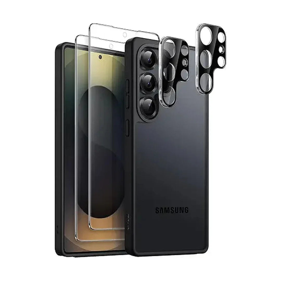 JETech 5 in 1 Matte Case for Samsung Galaxy S25 Ultra 5G with 2-Pack Each Screen Protector and Camera Lens Protector, Translucent Back Phone Cover, Tempered Glass Film (Titanium Black)