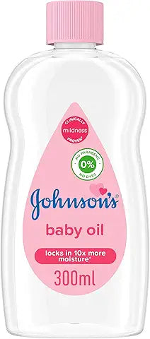 Johnson's Baby Oil, Locks in 10x More Moisture, Clinically Proven Mildness, Protects Delicate Skin from Dryness, Dye and Paraben Free, Hypoallergenic, Dermatologically Tested, 300ml