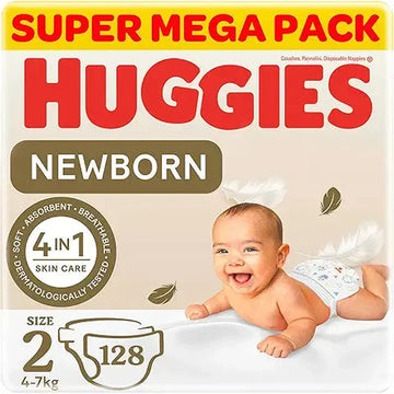 Huggies Extra Care Newborn, Size 1, Up to 5 kg, Twin Jumbo Pack, 128 Diapers