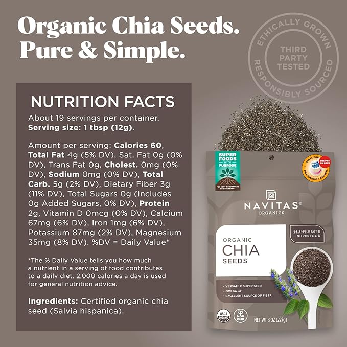 Navitas Organics Chia Seeds – For Chia Pudding, Smoothies, Baking, Salads & More – Omega 3, Fiber, Minerals - USDA Organic, Non GMO, Kosher, Gluten Free, Keto (8oz. Bag, 8 Servings)