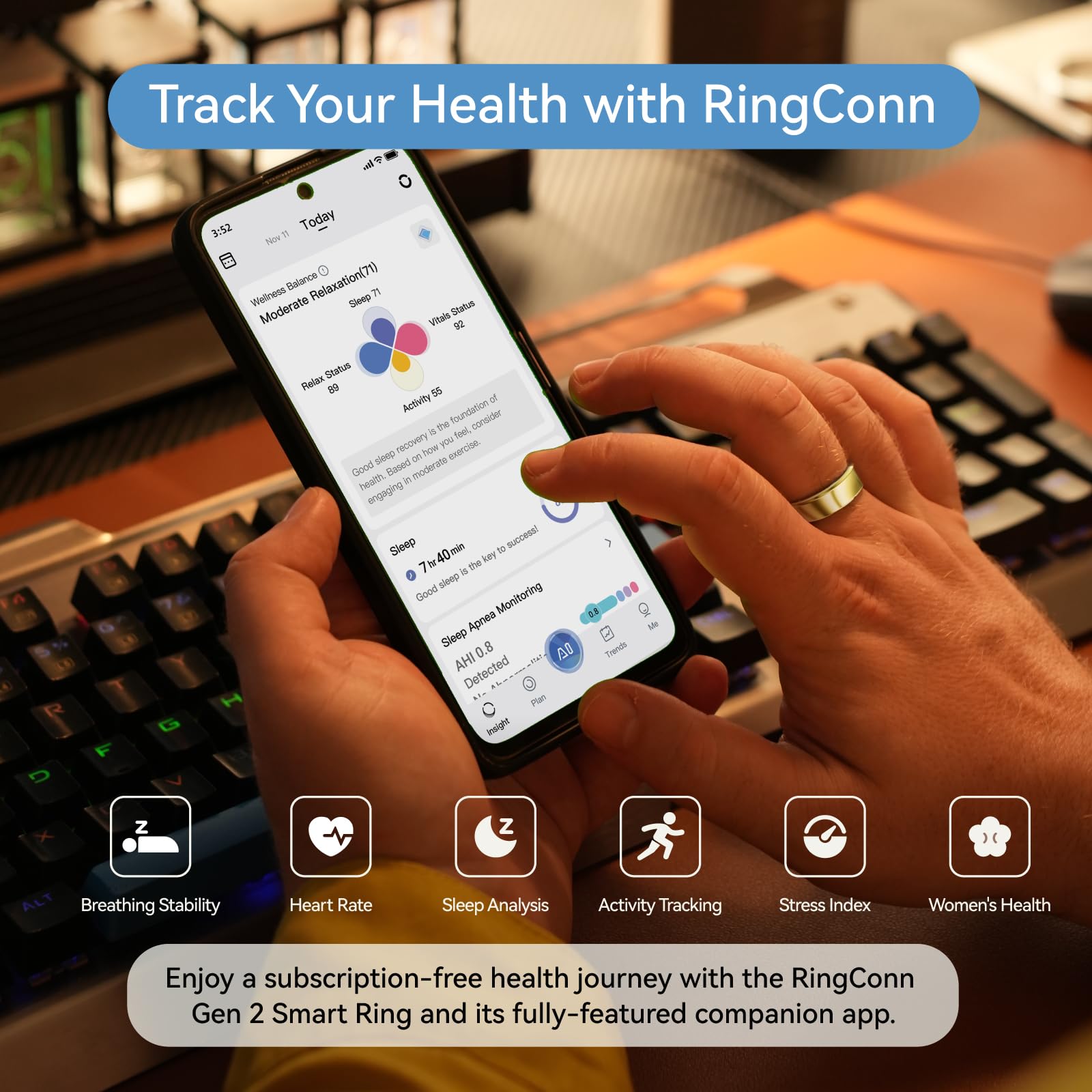 RingConn Gen 2, World’s First Smart Ring with Sleep Apnea Monitoring, No APP Subscription, 12-Day Battery Life, Stress/Heart Rate/Women's Health Tracker, Android & iOS Compatible (Black, Size 6)