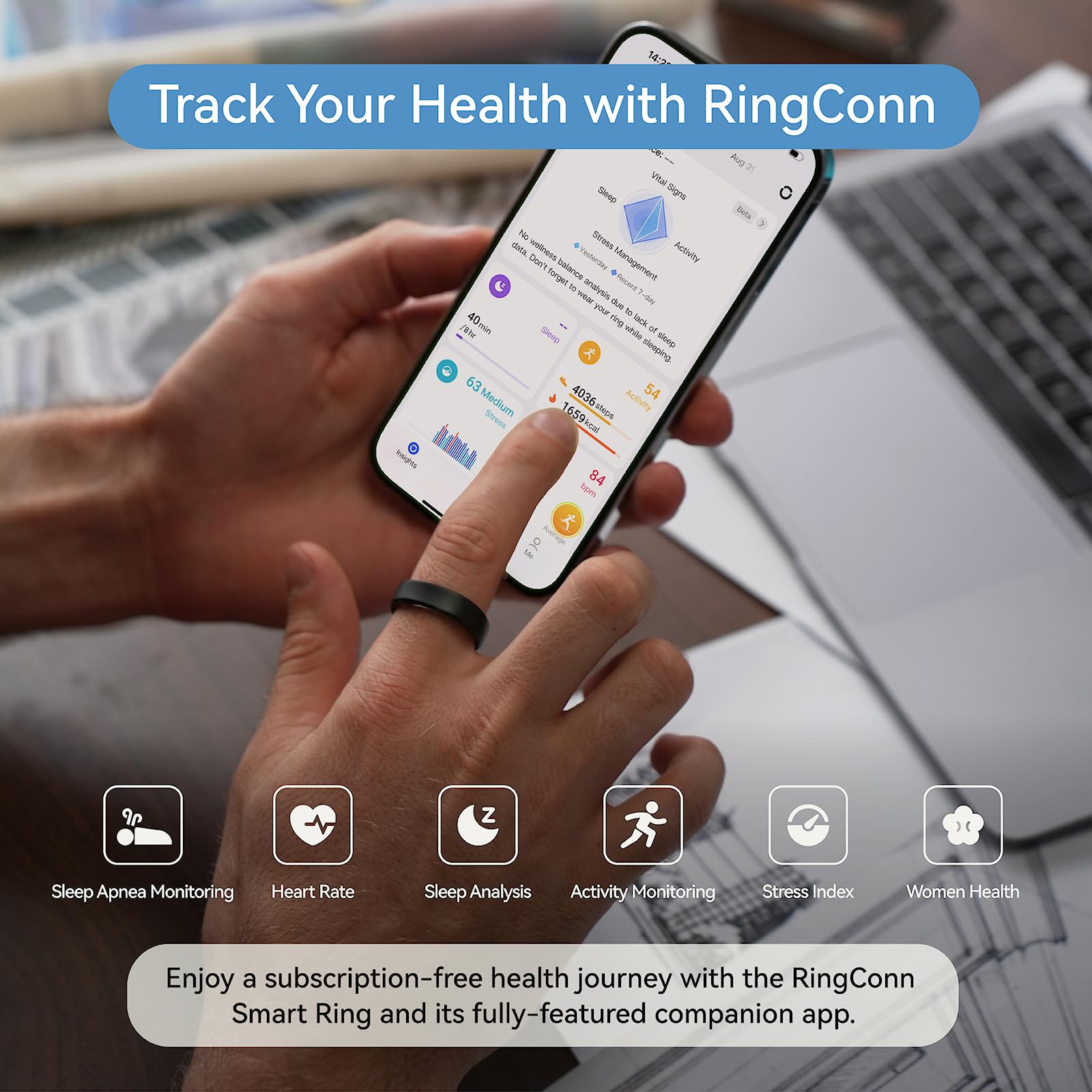 RingConn Gen 2, World’s First Smart Ring with Sleep Apnea Monitoring, No APP Subscription, 12-Day Battery Life, Stress/Heart Rate/Women's Health Tracker, Android & iOS Compatible (Black, Size 6)