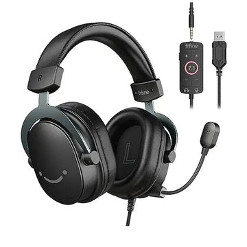 FIFINE USB PC Gaming Headset with 3.5mm Audio Jack, Detachable Microphone, 7.1 Surround Sound, Volume Control, Streaming Over-Ear Wired Headphones for Computer, PS5, Controller, Xbox-H9 White