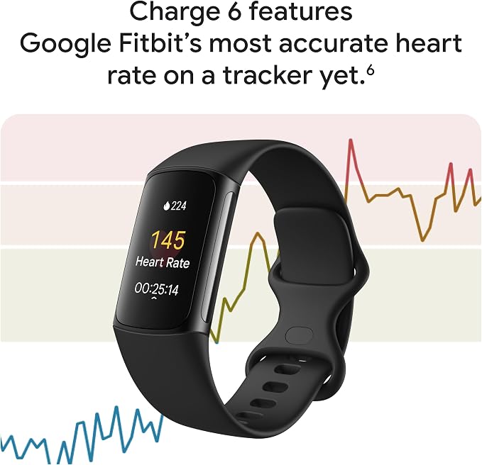 Fitbit Charge 6 Fitness Tracker with Google apps, Heart Rate on Exercise Equipment, 6-Months Premium Membership Included, GPS, Health Tools and More, Obsidian/Black, One Size (S & L Bands Included)