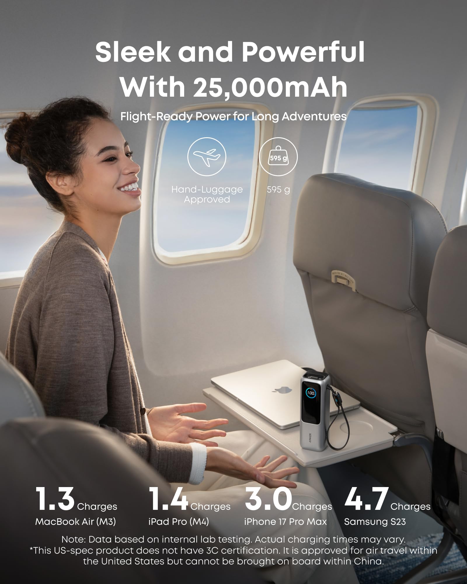 Anker Laptop Power Bank,25,000mAh Portable Charger with 165W Total Output,3 USB-C Ports (100W Max Each),Built-in Retractable Cables,Flight-Ready,for iPhone 17/16 Series,MacBook,Samsung,and More