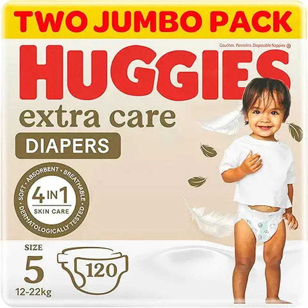 Huggies, Extra Care Baby Diapers, Size 5 (12 - 22 kg), Twin Jumbo Pack of 120 Diapers, Soft Pillows Absorb in Seconds, Absorbent Channels and Stretchy Waistband, 12h Day & Night Protection