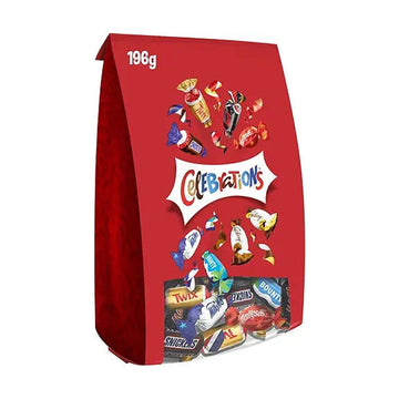 Celebration, 196g, Your Favorite Chocolate Candy Mix, Twix, Snickers, Maltesers, Galaxy Milk, Bounty, Milky Way, Mars, and Galaxy Caramel