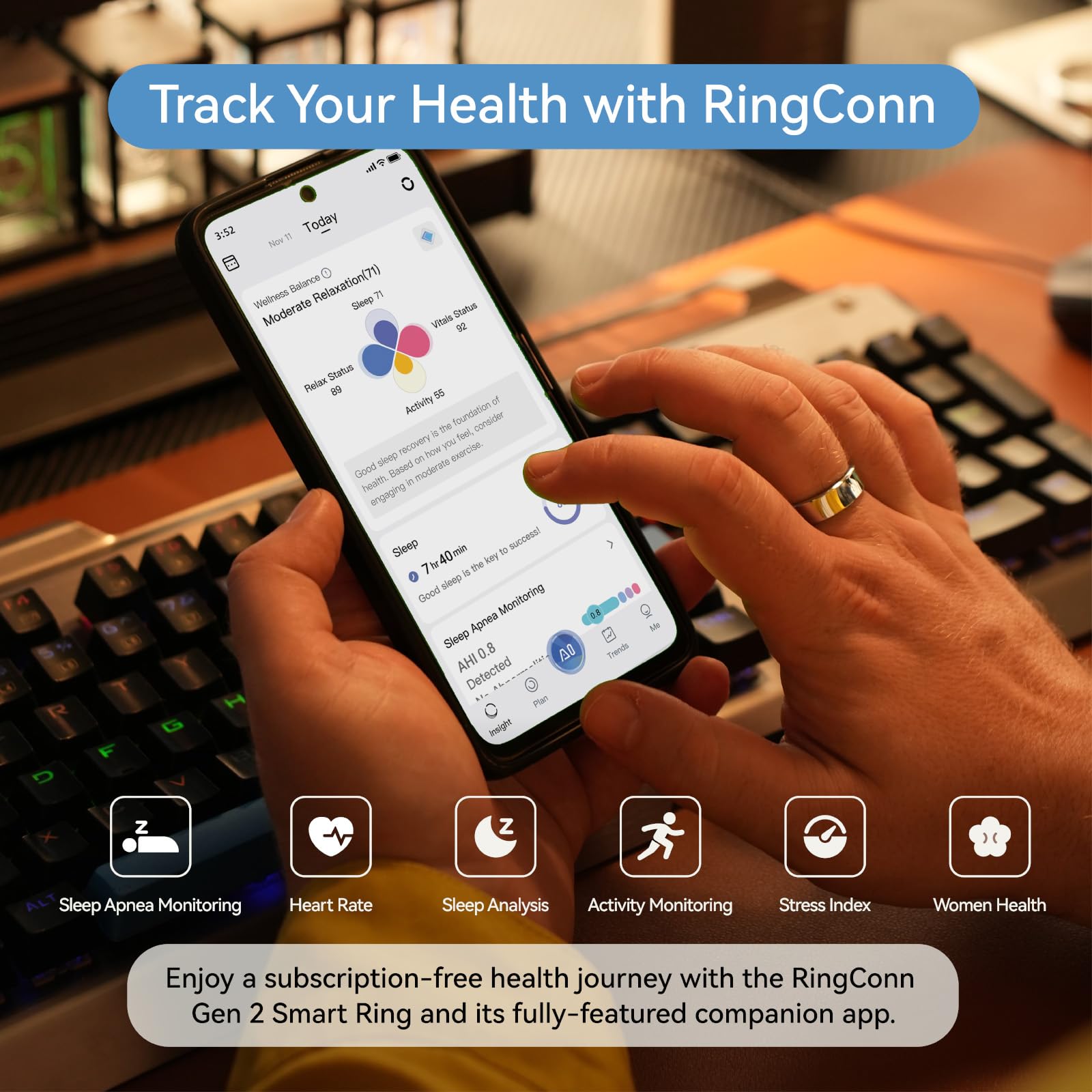 RingConn Gen 2, World’s First Smart Ring with Sleep Apnea Monitoring, No APP Subscription, 12-Day Battery Life, Stress/Heart Rate/Women's Health Tracker, Android & iOS Compatible (Black, Size 6)