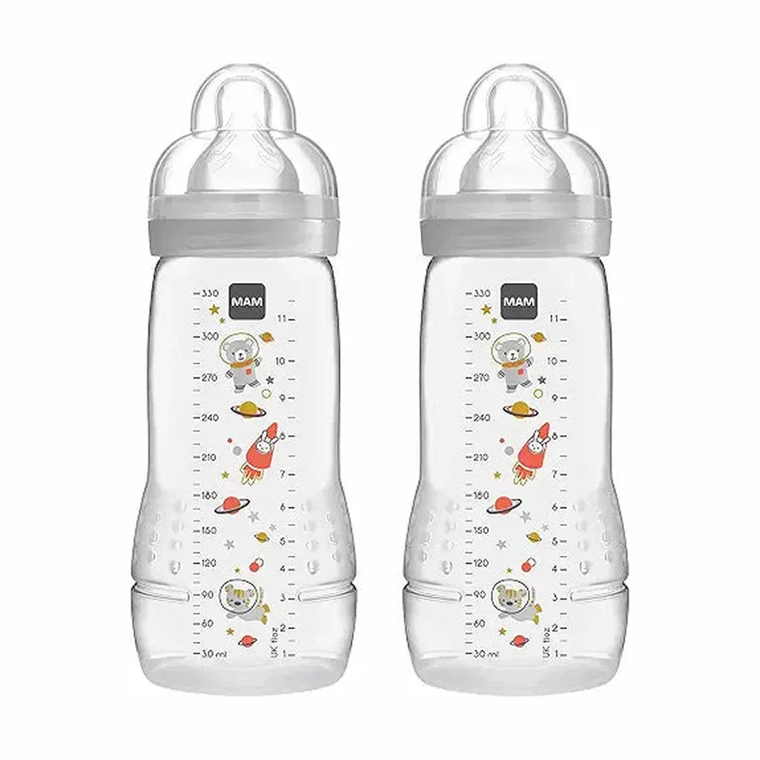 MAM Easy Active Bottles | 2 Pack (2 x 330ml) | Fast Flow MAM Teats Size 3 | Baby Accessories | Lilac (Various Designs)