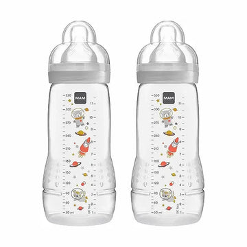 MAM Easy Active Bottles | 2 Pack (2 x 330ml) | Fast Flow MAM Teats Size 3 | Baby Accessories | Lilac (Various Designs)