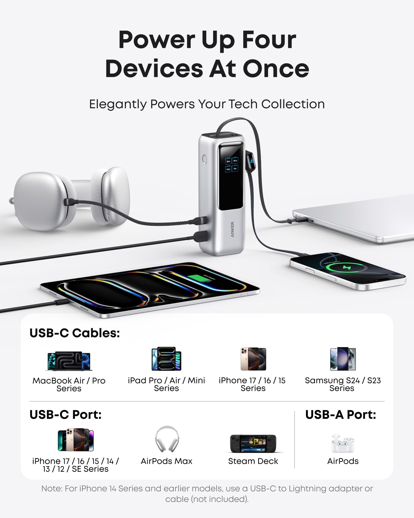 Anker Laptop Power Bank,25,000mAh Portable Charger with 165W Total Output,3 USB-C Ports (100W Max Each),Built-in Retractable Cables,Flight-Ready,for iPhone 17/16 Series,MacBook,Samsung,and More