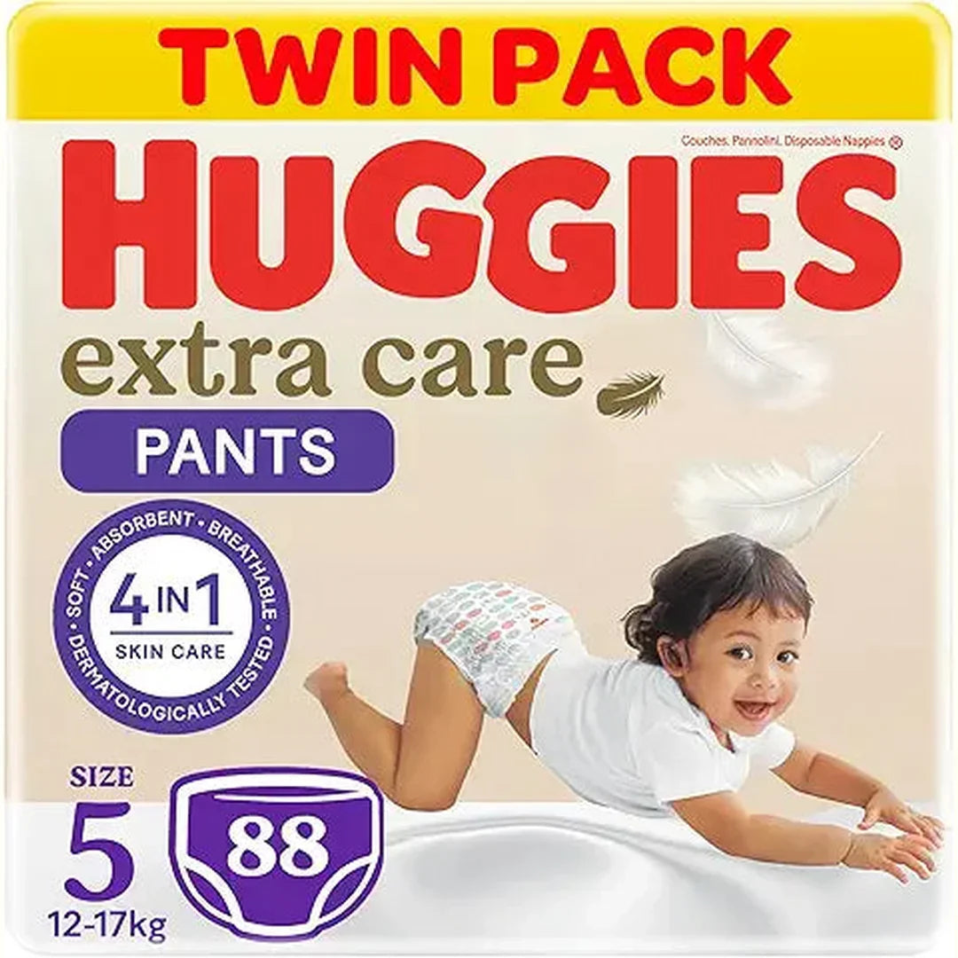 Huggies, Extra Care Culottes, Size 5 (12 - 17 kg), Twin Jumbo Pack of 88 Baby Diaper Pants, Cloud Soft Waistband, Soft Pillows Absorb in Seconds, Easy & Convenient, With Extra Protection