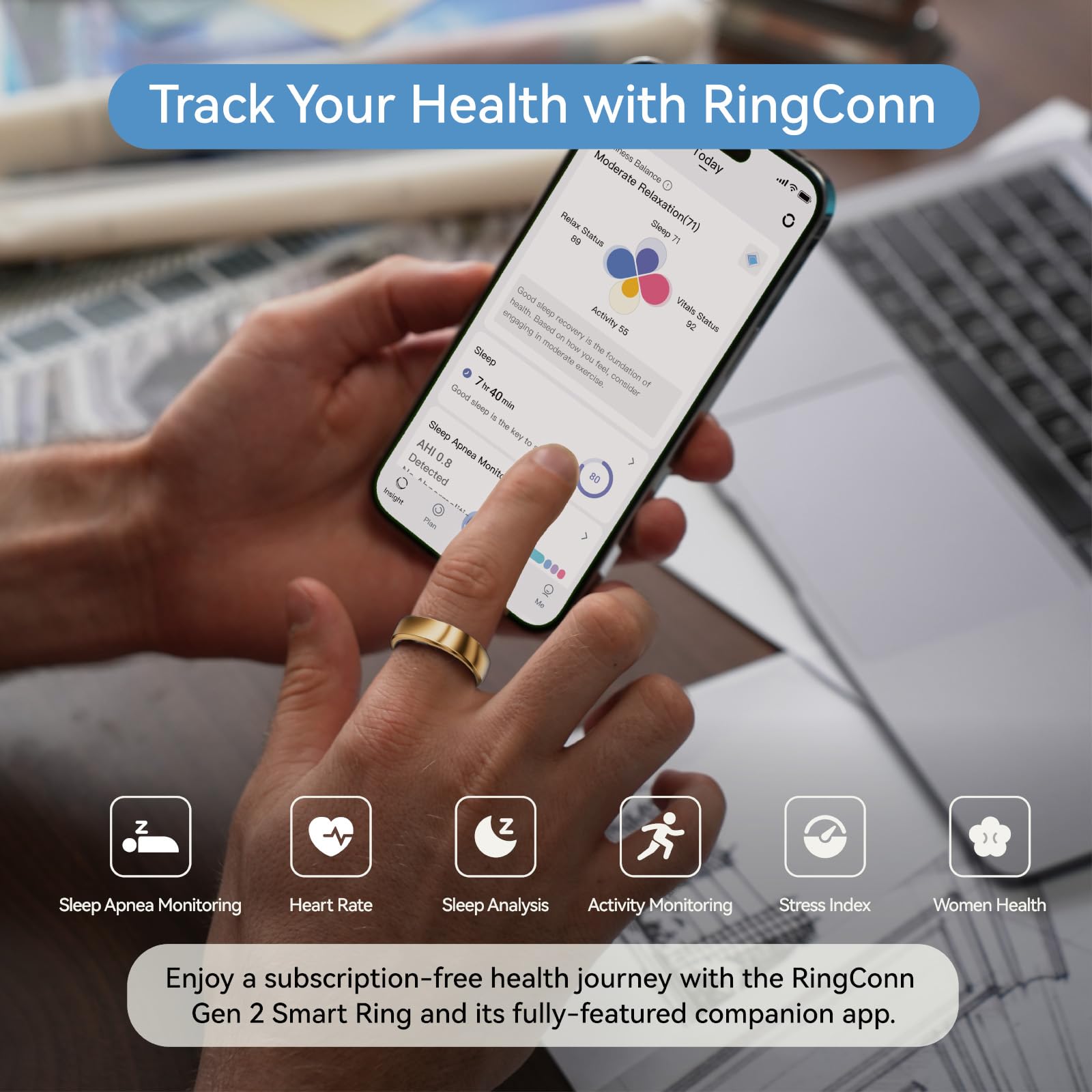 RingConn Gen 2, World’s First Smart Ring with Sleep Apnea Monitoring, No APP Subscription, 12-Day Battery Life, Stress/Heart Rate/Women's Health Tracker, Android & iOS Compatible (Black, Size 6)