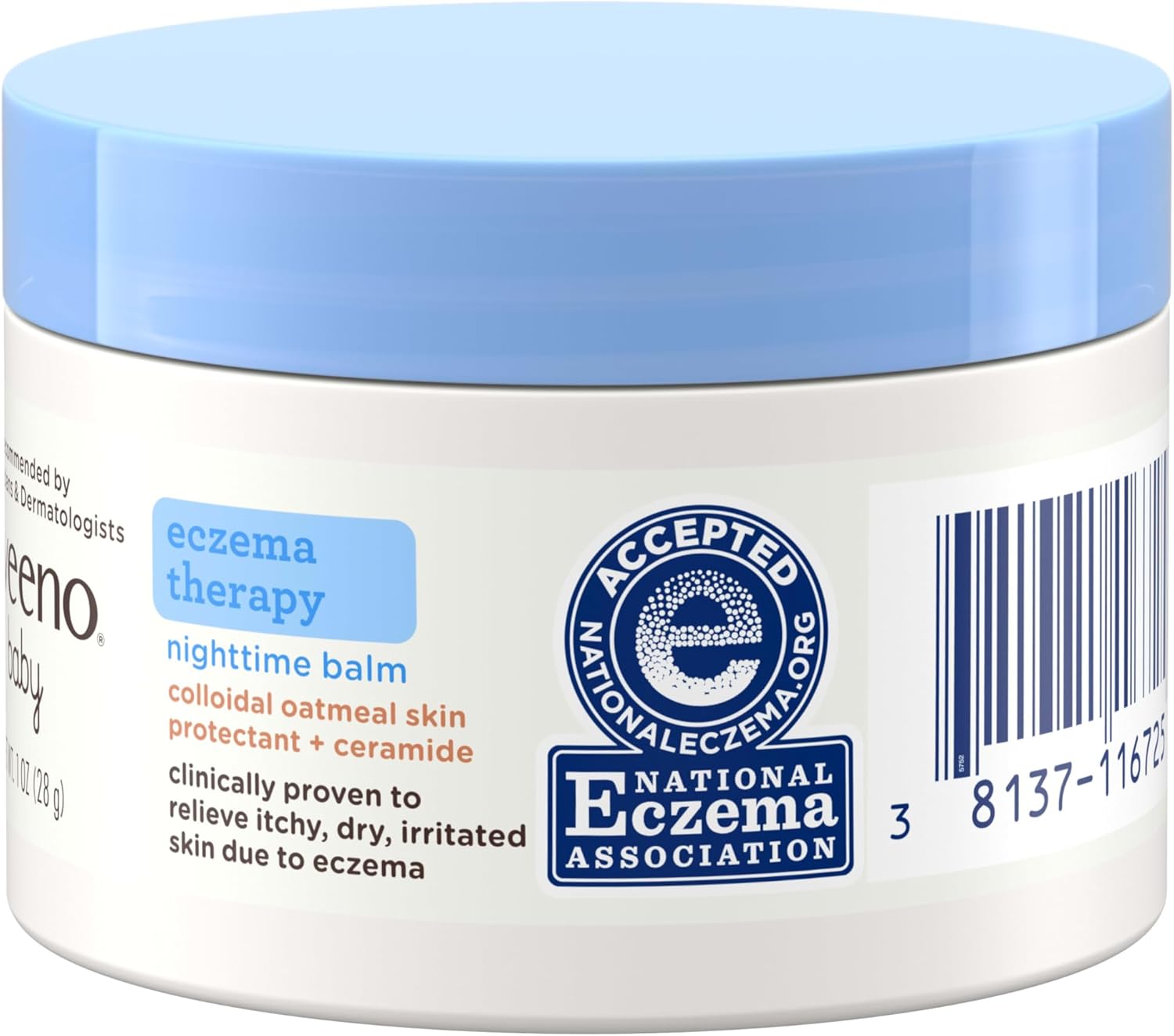 Aveeno Baby Eczema Therapy Nighttime Moisturizing Balm, Colloidal Oatmeal & Ceramide, Soothes & Relieves Dry, Itchy Skin from Eczema, Hypoallergenic, Fragrance-Free, Travel Size, 1 oz
