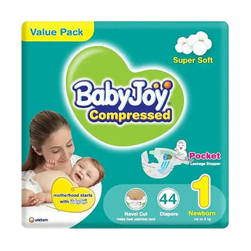 Babyjoy Compressed Diamond Pad, Size 1, Newborn, 0-4 Kg, Value Pack, 44 Diapers