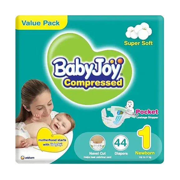 Babyjoy Compressed Diamond Pad, Size 1, Newborn, 0-4 Kg, Value Pack, 44 Diapers
