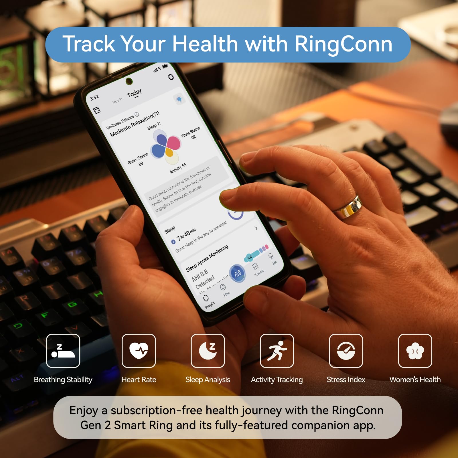 RingConn Gen 2, World’s First Smart Ring with Sleep Apnea Monitoring, No APP Subscription, 12-Day Battery Life, Stress/Heart Rate/Women's Health Tracker, Android & iOS Compatible (Black, Size 6)