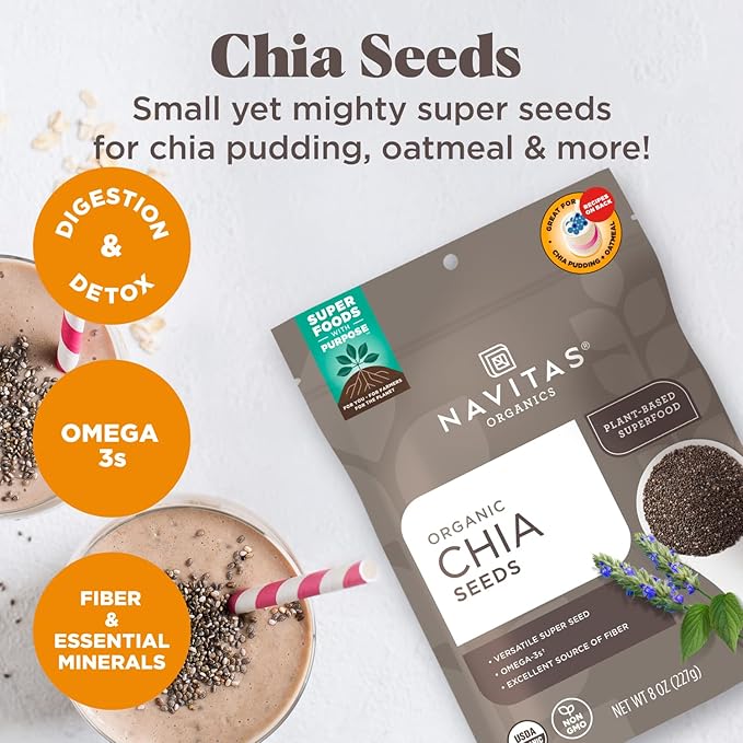 Navitas Organics Chia Seeds – For Chia Pudding, Smoothies, Baking, Salads & More – Omega 3, Fiber, Minerals - USDA Organic, Non GMO, Kosher, Gluten Free, Keto (8oz. Bag, 8 Servings)