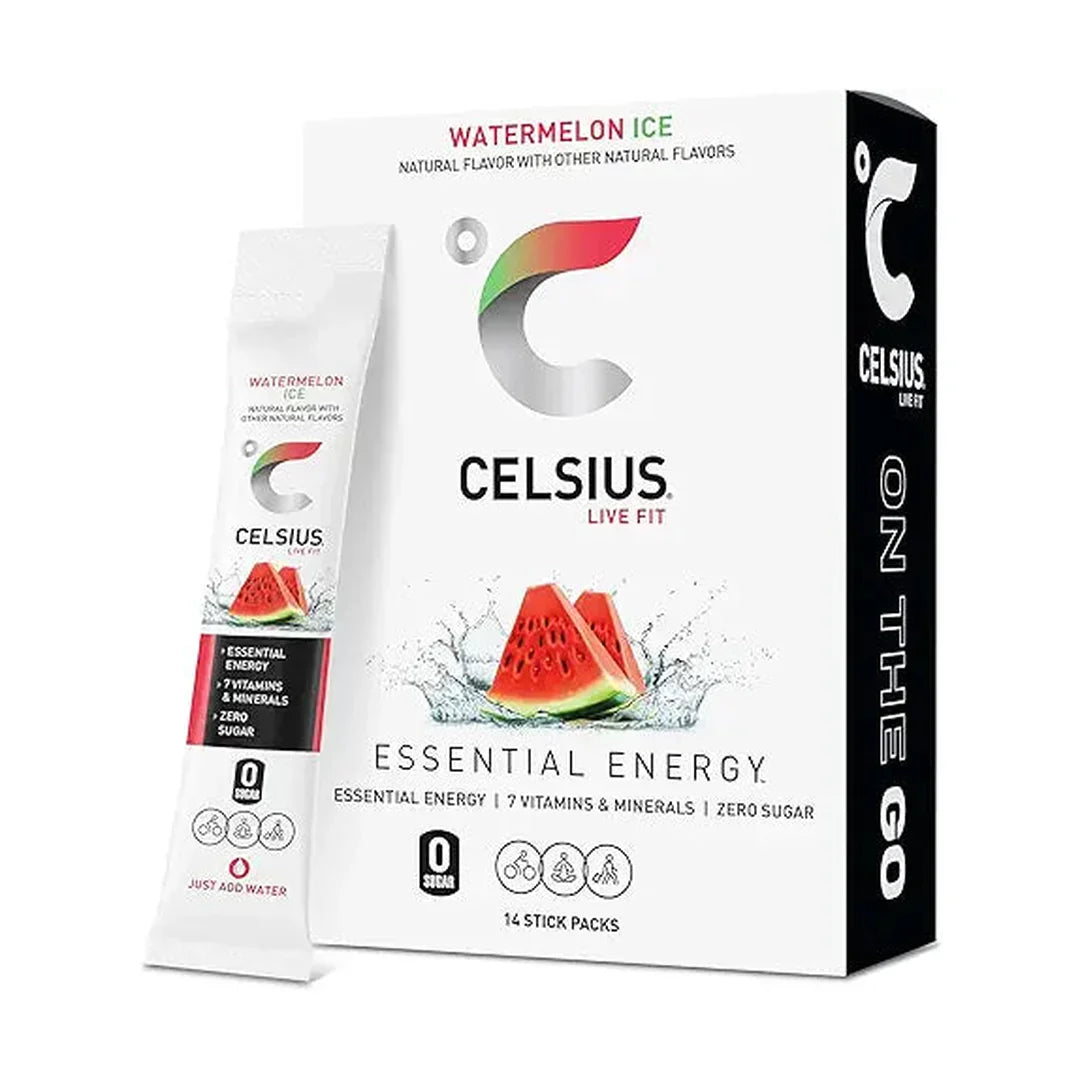 CELSIUS® On-the-Go Powder Sticks Tropical Vibe, Essential Energy 2.6 Oz (14 Sticks per Pack)