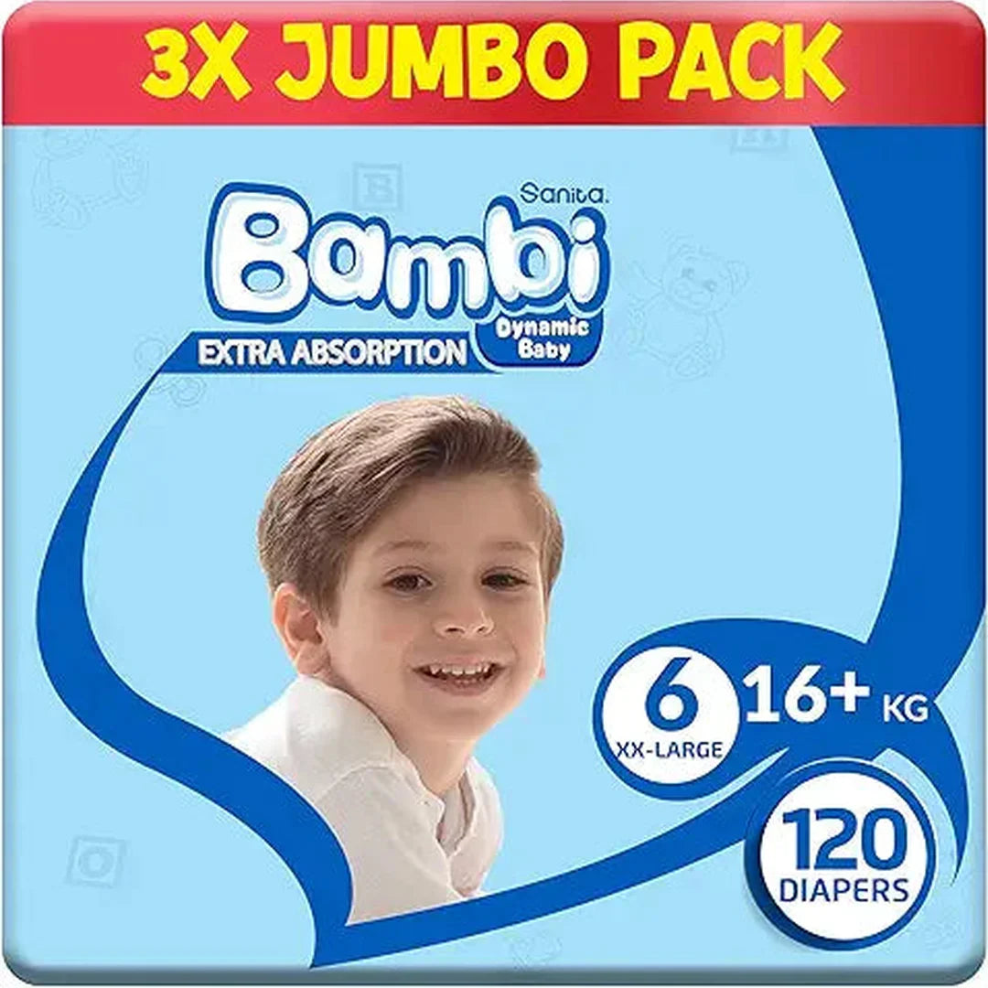 Sanita Bambi Baby Diapers Jumbo Pack Size 6, XX-Large, +18 KG, 120 Count