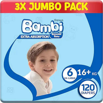 Sanita Bambi Baby Diapers Jumbo Pack Size 6, XX-Large, +18 KG, 120 Count