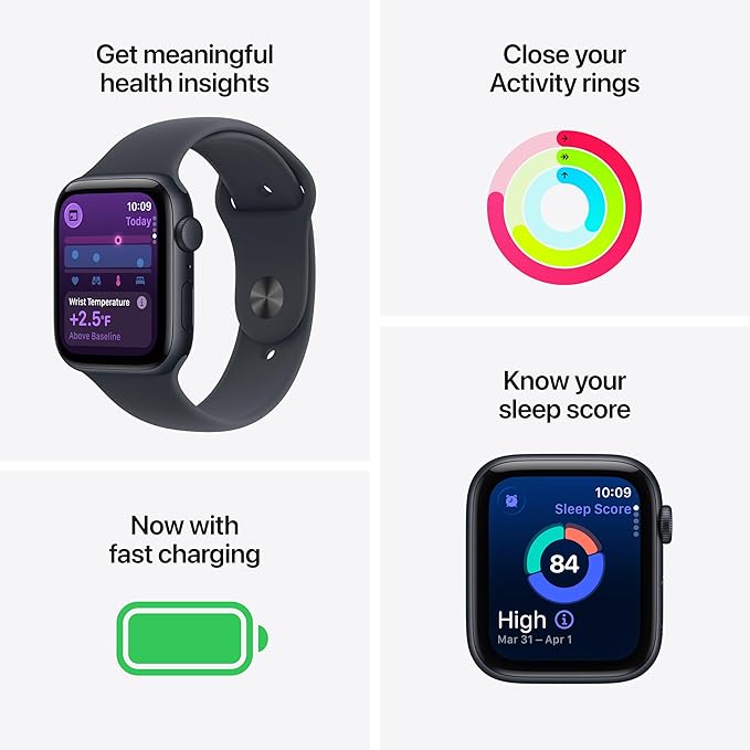 Apple Watch SE 3 GPS 44mm Smartwatch with Midnight Aluminium Case with Midnight Sport Band S/M. Fitness and Sleep Trackers, Heart Rate Monitor, Always-On Display, Water Resistant