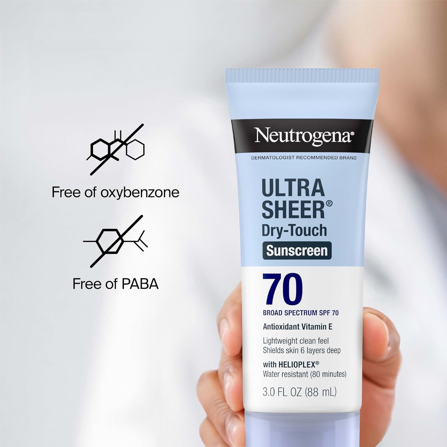 Neutrogena Ultra Sheer Dry-Touch Sunscreen Lotion, Broad Spectrum SPF 55 UVA/UVB Protection, Oxybenzone-Free, Light, Water Resistant, Non-Comedogenic & Non-Greasy, Travel Size, 3 fl. oz