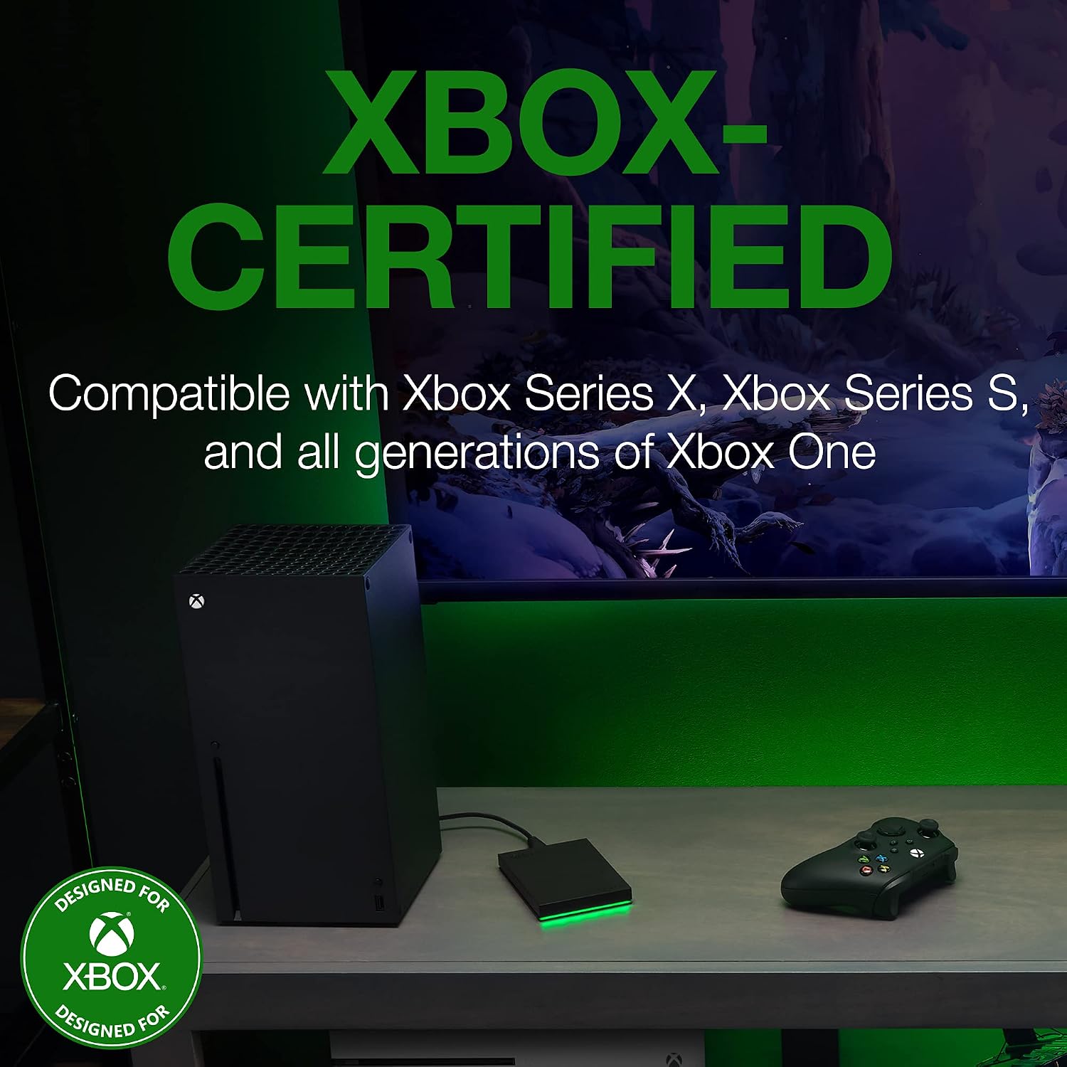 Seagate Game Drive for Xbox, 2TB, External Hard Drive Portable, USB 3.2 Gen 1, Black with built-in green LED bar, Xbox Certified, 2 year Rescue Services (STKX2000403)