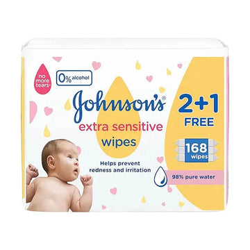 Johnson’s Extra Sensitive Baby Wipes, 98% Pure Water, Hypoallergenic, Fragrance, Alcohol & Dye Free, No More Tears Formula, 168 Wipes, Pack of 3
